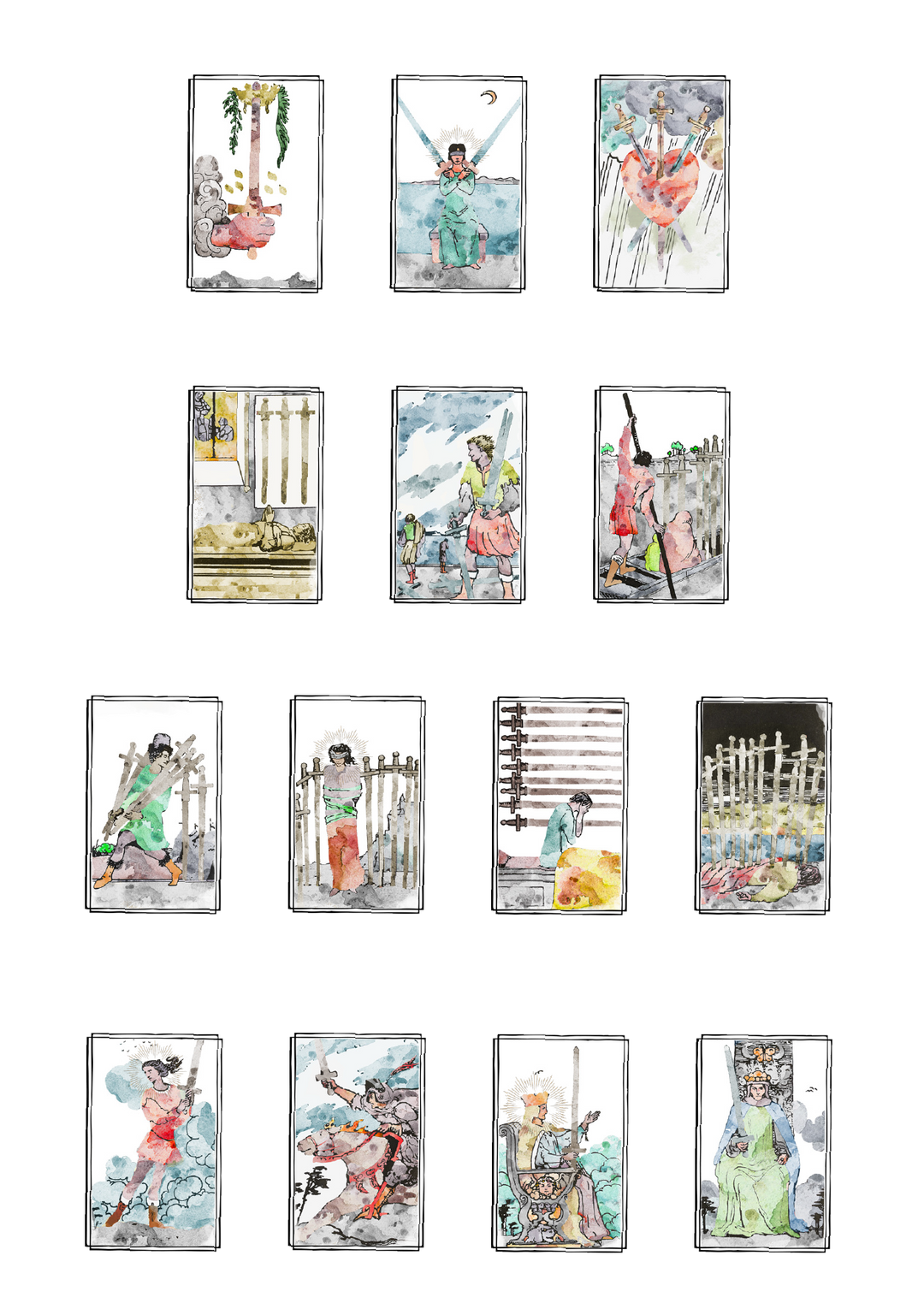 Illustration of the Three of Swords tarot card, representing heartbreak and betrayal